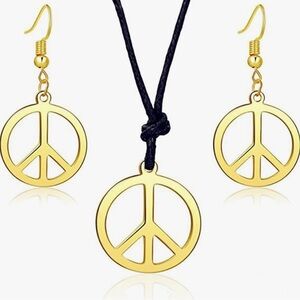 Peace Sign necklace and Dangling Earrings Set Gold tone hippie NEW 3 for $20